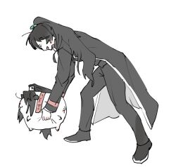  2boys :d all_fours animalization black_coat black_hair black_pants black_shoes coat commentary grabbing_another's_stomach hong_lu_(project_moon) jia_qiu_(project_moon) leaning_forward limbus_company long_hair male_focus multiple_boys pants ponytail project_moon sash shoes shoggoth_(sirens20211) shoulder_sash smile symbol-only_commentary 