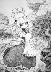  1girl absurdres bloody_marie_(skullgirls) chronozbergh closed_mouth commentary dress english_commentary frilled_dress frills full_body graphite_(medium) greyscale hair_ornament highres jitome long_dress looking_at_viewer maid maid_headdress medium_hair monochrome outdoors skull_hair_ornament skullgirls solo traditional_media tree twintails 