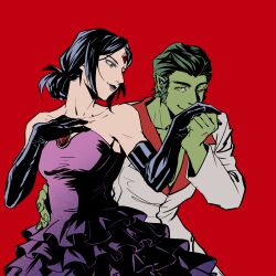  1boy 1girl alternate_costume bare_shoulders beast_boy_(dc) black_gloves chinese_commentary closed_mouth collarbone collared_jacket colored_skin couple dancing dc_comics dress elbow_gloves forehead_jewel frilled_dress frills from_side gem gloves green_eyes green_hair green_skin hair_up hand_on_another's_waist hand_on_own_chest head_tilt hetero highres holding_hands jacket kiss kissing_hand light_smile long_sleeves looking_down looking_to_the_side looking_up new_teen_titans one_eye_closed pants parted_bangs purple_dress purple_hair purple_lips raven_(dc) red_background red_gem simple_background standing suit teen_titans upper_body violet_eyes xingchen96926 
