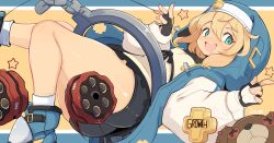  1girl androgyne_symbol black_skirt black_trim blonde_hair blue_boots blue_border blue_eyes blue_hood blue_jacket boots border bridget_(guilty_gear) clothes_writing commentary cross_ornament english_commentary english_text fingerless_gloves gloves guilty_gear guilty_gear_strive highres hood hooded_jacket jacket jellcaps knee_up l_hand leg_up long_sleeves looking_at_viewer lying medium_hair nun object_request on_back open_mouth puffy_long_sleeves puffy_sleeves simple_background single_handcuff skirt smile socks solo star_(symbol) string_around_finger stuffed_animal stuffed_toy teddy_bear teeth upper_teeth_only white_border white_gloves white_jacket white_socks white_trim yellow_background 