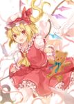  1girl 6u_(eternal_land) ascot bird blonde_hair blush bow clenched_hand dove fang flandre_scarlet frills hat open_mouth red_eyes ribbon short_hair side_ponytail smile solo stuffed_animal stuffed_toy teddy_bear touhou white_legwear wings wrist_cuffs 