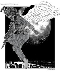  1girl absurdres angel angel_wings assault_rifle barefoot bayonet border cityscape combat_helmet emblem flying gun halo helmet highres holding holding_weapon knee_pads low_ponytail m4_carbine military_combat_uniform military_uniform moon night night_vision_device original ponytail rifle signature solo taida twitter_username weapon white_border wings 