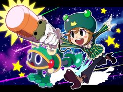  1boy 1girl :d black_eyes blazer blush_stickers brown_hair commentary_request frilled_sleeves frills full_body gloves green_hat hat high_heels holding holding_microphone jacket long_sleeves mega_man_(series) mega_man_battle_network_(series) mega_man_battle_network_5 microphone napo netnavi open_mouth outstretched_arms ribitta_(mega_man) running short_hair smile star_(sky) star_(symbol) toadman.exe 