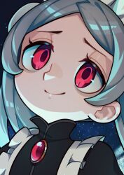  1girl apron bloody_marie_(skullgirls) brooch closed_mouth commentary_request eyelashes frilled_apron frills furrowed_brow grey_hair hair_ornament head_tilt highres jewelry kisenon_(184nx) maid_headdress portrait red_eyes red_pupils skull_hair_ornament skullgirls smile solo space twintails 