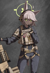  1girl absurdres ahoge animal_ear_fluff animal_ears anti-materiel_rifle barrett_m82 belt black_pants black_shirt black_suit blue_archive bulletproof_vest commentary_request fox_ears fox_girl fox_platoon_(blue_archive) fox_tail furrowed_brow glock gloves glowing glowing_eyes grey_hair gun halo hand_up handgun headphones highres holding holding_gun holding_weapon holster implied_extra_ears looking_at_viewer microphone military military_combat_uniform military_uniform odi original otogi_(blue_archive) pants rifle scissors scope shirt sniper_rifle standing suit tactical_clothes tactical_gloves tail weapon yellow_eyes yellow_halo 