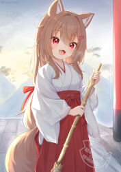  1girl :d animal_ear_fluff animal_ears artist_name broom brown_hair commentary_request hair_ornament hairclip hakama hakama_skirt highres holding holding_broom japanese_clothes kimono long_hair long_sleeves looking_at_viewer miko original outdoors rade_(rade_552) red_eyes red_hakama skirt smile solo tail twitter_username very_long_hair watermark white_kimono wide_sleeves wolf_ears wolf_girl wolf_tail 