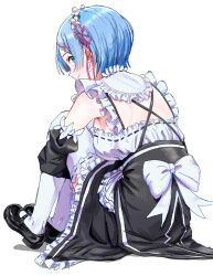  1girl apron back_bow blue_eyes blue_hair blush bow breasts closed_mouth commentary_request detached_sleeves dress frilled_dress frilled_sleeves frills from_behind full_body hair_ornament hair_ribbon highres hugging_own_legs knees_up looking_at_viewer looking_back maid maid_headdress mary_janes nuuuuu_oxo pink_ribbon re:zero_kara_hajimeru_isekai_seikatsu rem_(re:zero) ribbon ribbon-trimmed_clothes ribbon_trim roswaal_mansion_maid_uniform shoes short_hair simple_background sitting smile solo thigh-highs white_apron white_background white_bow white_thighhighs x_hair_ornament 