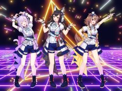  3girls absurdres ahoge animal_ears ankle_boots artist_name back_bow black_boots black_hair black_tail blue_bow blue_bowtie blue_shorts blue_socks blush bone_hair_ornament boots bow bowtie braid braided_twintails breasts brooch brown_eyes brown_hair brown_tail cat_ears cat_girl cat_tail closed_eyes color-coded colored_shoe_soles commentary commentary_request dated dog_ears dog_girl dog_tail double-parted_bangs extra_ears flipped_hair footwear_bow full_body glowing_floor hair_between_eyes hair_ornament hairclip hand_on_own_hip heart_arms high_heel_boots high_heels highres hololive hololive_idol_uniform_(bright) index_finger_raised inugami_korone jacket jewelry large_bow layered_skirt long_hair looking_at_viewer low_twin_braids low_twintails medium_breasts multiple_girls nekomata_okayu ookami_mio overskirt parallel_hairclips puffy_short_sleeves puffy_sleeves purple_hair purple_tail red_streaks sash shirt short-sleeved_jacket short_hair short_shorts short_sleeves shorts shrugging sidelocks signature single_hair_streak skirt socks spiky_hair tail tail_around_own_leg tail_wrap thigh_strap traveler_(artbbt) twin_braids twintails two-sided_fabric two-sided_skirt underbust virtual_youtuber waist_bow white_jacket white_overskirt white_shirt white_skirt wolf_ears wolf_girl wolf_tail 