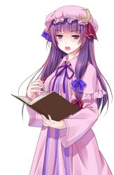  1girl blue_bow blush book bow commentary_request cowboy_shot crescent crescent_hat_ornament crote dress hair_bow hat hat_ornament highres holding holding_book large_variant_set long_hair long_sleeves looking_at_viewer mob_cap neck_ribbon open_mouth patchouli_knowledge pink_hat pink_robe purple_hair purple_ribbon red_bow ribbon robe solo striped_clothes striped_dress tachi-e teeth touhou transparent_background upper_teeth_only variant_set vertical-striped_clothes vertical-striped_dress violet_eyes 