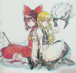  2girls aihara-rina apron ascot back-to-back black_gloves black_skirt black_vest blonde_hair bow brown_eyes brown_hair chinese_commentary chromatic_aberration closed_mouth commentary_request detached_sleeves frilled_bow frilled_hair_tubes frills gloves gohei hair_bow hair_tubes hakurei_reimu hand_on_another's_hand hat hat_bow highres holding holding_gohei holding_unworn_clothes holding_unworn_hat kirisame_marisa long_hair looking_at_viewer multiple_girls no_headwear partially_fingerless_gloves puffy_short_sleeves puffy_sleeves red_bow red_skirt ribbon-trimmed_sleeves ribbon_trim short_sleeves sitting skirt skirt_set smile touhou unworn_hat unworn_headwear vest waist_apron white_apron white_bow witch_hat yellow_ascot yellow_eyes yuri 