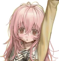 1girl :o arm_up blush brown_eyes commentary_request cropped hair_between_eyes highres kimi_to_kanojo_to_kanojo_no_koi. kofi-mo long_hair looking_at_viewer messy_hair mukou_aoi_(totono) parted_lips pink_hair portrait sailor_collar shirt simple_background solo white_background white_sailor_collar yellow_shirt 