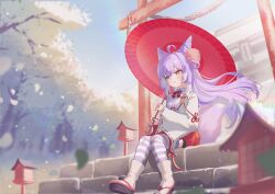  1girl :3 absurdres ahoge blue_eyes blue_shirt blurry blurry_background blush bow bowtie closed_mouth collared_shirt day depth_of_field double_bun eye_contact falling_petals flower full_body furisode_sleeves hair_bun hair_ornament hashtag-only_commentary heterochromia highres holding holding_umbrella hyin kosode lantern long_hair looking_at_another nontraditional_miko oil-paper_umbrella okobo outdoors petals platform_sandals pom_pom_(clothes) pom_pom_hair_ornament red_bow red_bowtie red_skirt sandals shirt shrine sitting sitting_on_stairs skirt solo stairs stellive striped_clothes striped_thighhighs tabi tenko_shibuki thigh-highs torii tree umbrella violet_eyes virtual_youtuber wing_collar yellow_eyes 