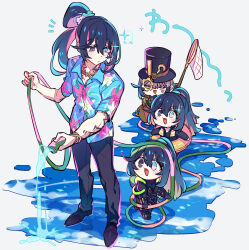  4boys aqua_eyes armor black_armor black_coat black_eyes black_hair black_hat blue_shirt butterfly_net closed_mouth coat collared_shirt commentary dieci_association_south_uniform folded_ponytail hair_ornament hair_scrunchie hand_net hat hawaiian_shirt heterochromia highres holding holding_hose hong_lu_(project_moon) hose innertube k_corp._(identity)_(project_moon) limbus_company multiple_boys multiple_persona project_moon reflection reflective_liquid scrunchie shiki_(shikki46) shirt simple_background swim_ring symbol-only_commentary tingtang_gang_(identity)_(project_moon) top_hat white_background white_scrunchie yurodiviye_(identity)_(project_moon) 