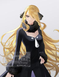  1girl black_coat black_pants blonde_hair breasts closed_mouth coat cynthia_(pokemon) fur-trimmed_coat fur-trimmed_sleeves fur_collar fur_trim grey_eyes hair_ornament hair_over_one_eye long_hair long_sleeves looking_at_viewer pants pokemon pokemon_dppt sakaralalala simple_background smile solo very_long_hair 