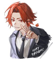  1boy black_necktie character_request check_character collared_shirt cropped_torso happy_birthday hashtag-only_commentary highres jacket kaburagi_issa kaohom503_2 looking_at_viewer male_focus necktie red_eyes red_hair shirt short_hair simple_background smile solo suit_jacket v white_background white_shirt yowamushi_pedal 