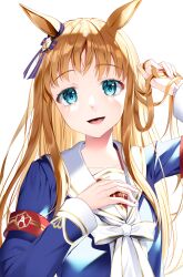  1girl animal_ears armband blue_eyes blue_jacket bow brown_hair collarbone commentary_request ear_bow ear_ornament ear_ribbon grass_wonder_(stone-piercing_blue)_(umamusume) grass_wonder_(umamusume) highres horse_ears horse_girl jacket long_hair long_sleeves looking_at_viewer metaninjin multicolored_hair open_mouth red_armband sailor_collar simple_background smile solo tongue umamusume upper_body white_background white_sailor_collar 