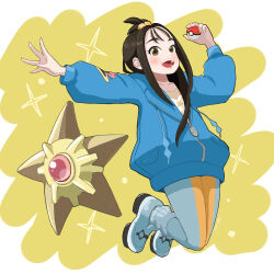  1girl :d absurdres black_hair blue_hoodie blush collarbone commentary_request cube_hair_ornament eringi._(kmk_pan) hair_ornament happy highres hood hoodie leggings lida_(pokemon) long_hair open_mouth pokemon pokemon_(creature) pokemon_legends:_z-a print_shirt ribbed_socks shirt shoes sidelocks smile socks spread_fingers staryu teeth tongue topknot 