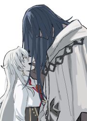  ahoge azrael_(grand_assassin)_(fate) black_corset blue_hair chain colored_skin corset earrings fate/grand_order fate_(series) grey_skin hair_over_face hand_on_another's_face highres hood jewelry long_hair necktie olga_marie_animusphere olga_marie_animusphere_(unbeast) open_mouth orange_eyes robe sweatdrop tadanootaku_87 very_long_hair white_hair white_robe 