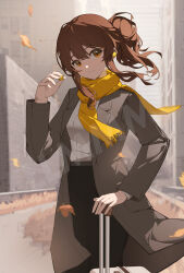  1girl absurdres black_pants brown_eyes brown_hair brown_jacket building closed_mouth commentary_request day earphones earphones earphones_removed falling_leaves fringe_trim gan_xing_naobing hair_bun hand_up hibike!_euphonium highres holding holding_earphones jacket leaf long_hair looking_at_viewer open_clothes open_jacket oumae_kumiko outdoors pants ponytail rolling_suitcase scarf shirt smile solo suitcase white_shirt wind yellow_scarf 