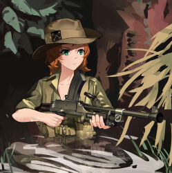  1girl absurdres ammunition_pouch australian_army belt bren_lmg brown_hat english_commentary gewehrbroker green_belt green_eyes green_shirt gun hat highres jungle light_machine_gun looking_to_the_side machine_gun military military_combat_uniform military_uniform nature orange_hair original partially_submerged pouch reflection reflective_liquid shirt sleeves_rolled_up slouch_hat soldier solo suspenders weapon world_war_ii 