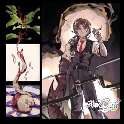  1boy apple arthropod_limbs artist_name beard_stubble belt black_belt black_pants black_vest blood brown_hair cigarette closed_eyes closed_mouth collared_shirt facial_hair food fruit glasses gregor_(project_moon) hand_up highres holding holding_cigarette leaf limbus_company looking_at_viewer low_ponytail maggot male_focus necktie pants ponytail project_moon rectangular_eyewear shirt shoggoth_(sirens20211) smoke smoking standing stubble symbolism unworn_eyewear vest watermark white_shirt 