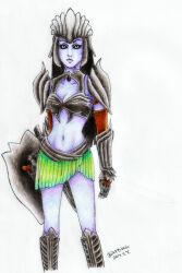  1girl armor armored_boots black_armor black_hair black_sclera blue_eyes blue_skin boobplate boots bukkbianka clawed_gauntlets cleavage_cutout clothing_cutout colored_pencil_(medium) colored_sclera colored_skin commentary cowboy_shot dark_seducer_(mazken) dated english_commentary facing_viewer green_skirt grey_skin helmet highres holding holding_shield knee_boots long_hair midriff revealing_clothes shield shoulder_armor signature skirt slit_pupils solo standing tank_top the_elder_scrolls the_elder_scrolls_iv:_oblivion traditional_media white_background 