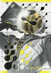  1boy black_gloves clipboard ferrofluid fishbowl_helmet gastbie gloves grid_background hand_up highres holding holding_clipboard jumpsuit male_focus object_head paper reverse:1999 solo ulrich_(reverse:1999) upper_body white_background white_jumpsuit 