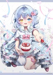  1girl asagi_shiki blue_dress blue_eyes blue_hair bow cake chi_no commentary commission dress food fruit hair_bow hair_bun headphones headphones_around_neck heterochromia highres holding holding_spoon incoming_food indie_virtual_youtuber layered_dress long_hair looking_at_viewer open_mouth pink_bow plaid_clothes plaid_dress short_sleeves single_hair_bun single_thighhigh skeb_commission smile solo spoon strawberry strawberry_cake symbol-only_commentary thigh-highs thigh_strap virtual_youtuber white_thighhighs yellow_eyes 