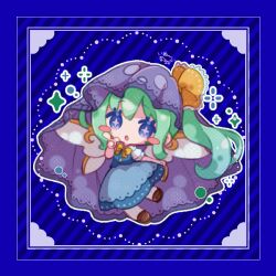  +_+ 1girl :o blue_background blue_eyes blue_skirt blue_vest blush_stickers bow bowtie brown_shoes chibi chibi_only collared_shirt commentary_request daiyousei diagonal-striped_background fairy_wings full_body green_hair hair_ribbon inukkomaru long_hair looking_at_viewer open_mouth outline ribbon shirt shoes short_sleeves side_ponytail skirt skirt_set solo striped_background touhou vest white_outline white_shirt wings yellow_bow yellow_bowtie yellow_ribbon 