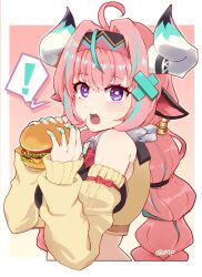  ! 1girl ahoge animal_ears bandaid bandaid_on_cheek bandaid_on_face bandaid_on_finger bandaid_on_hand blue_hair burger cow_ears cow_girl cow_horns crop_top cropped_torso detached_sleeves food from_side fur_collar genshin_impact hair_intakes hair_ornament hairband highres holding holding_burger holding_food horns kinokisaki long_hair long_sleeves looking_at_viewer midriff multi-tied_hair multicolored_hair nail_polish open_mouth pink_hair shirt sleeveless sleeveless_shirt solo spoken_exclamation_mark streaked_hair sweat varesa_(genshin_impact) violet_eyes x_hair_ornament 