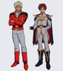  2boys alternate_universe amuro_ray arm_behind_back armor black_boots black_cape black_gloves blonde_hair blue_eyes boots brown_hair cape char's_counterattack char_aznable coat cosplay costume_switch earth_federation expressionless full_body gloves gundam highres jacket male_focus multiple_boys neo_zeon pants pauldrons quattro_bajeena red_boots red_cape red_jacket scar scar_on_face scar_on_forehead serious short_hair shoulder_armor two-sided_cape two-sided_fabric white_coat white_pants yy0880yy 