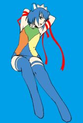  1girl 2k-tan arms_behind_head arms_up blue_background blue_eyes blue_hair blue_thighhighs flat_color full_body imuhata_shimuro lowres maid_headdress old_school_swimsuit one-piece_swimsuit open_mouth os-tan red_ribbon ribbon school_swimsuit short_hair simple_background solo swimsuit teeth thigh-highs upper_teeth_only 