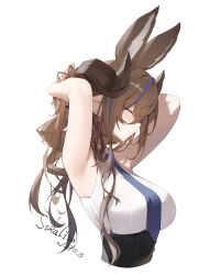  1girl absurdres animal_ears armpits arms_up bare_shoulders blue_necktie blush breasts brown_hair closed_eyes closed_mouth collarbone collared_shirt commentary_request dated extra_ears galleon_(granblue_fantasy) granblue_fantasy hair_between_eyes hand_up highres horns large_breasts long_hair long_sleeves multicolored_hair necktie off-shoulder_shirt off_shoulder pointy_ears shirt signature simple_background smile solo streaked_hair sukaliya swept_bangs white_background white_shirt 