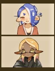  2girls alternate_costume alternate_hairstyle blonde_hair blue_hair colored_eyelashes colored_tips dark-skinned_female dark_skin fang frye_(splatoon) hair_down hair_over_one_eye highres inkling long_pointy_ears looking_at_viewer multicolored_hair multiple_girls octoling open_mouth pink_hair pointy_ears shiver_(splatoon) short_eyebrows skin_fang splatoon_(series) splatoon_3 thick_eyebrows two-tone_hair yellow_eyes yuyumo296809 