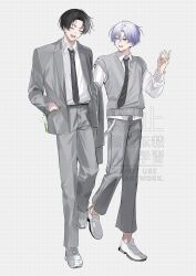  18trip 22kolink 2boys black_hair black_necktie closed_eyes full_body grey_jacket grey_pants grey_sweater_vest hamasaki_kaede hand_in_pocket hand_up highres jacket lapels looking_at_another male_focus multiple_boys necktie notched_lapels oguro_kafka open_clothes open_jacket open_mouth pants parted_bangs purple_hair short_hair smile standing standing_on_one_leg sweater_vest 