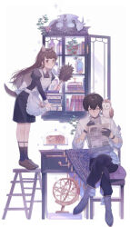  1boy 1girl :o animal_ears animal_on_shoulder ankle_strap apron armillary_sphere barn_owl bird bird_on_shoulder black_gloves black_hair black_pants black_shirt black_shorts black_socks black_straps book bookshelf boots brown_eyes brown_hair brown_shoes cake cocoa_(shinyshynii) commentary cookie_(shinyshynii) crossed_bangs crossed_legs cup dragon drawer duster earrings elbow_rest english_commentary feather_duster floating_hair food frilled_apron frills gloves hair_between_eyes highres holding holding_cup holding_duster holding_newspaper jewelry juliet_sleeves ladder leaning_forward lid light_blush long_hair long_sleeves looking_at_viewer mole mole_under_eye mug necklace newspaper on_shelf original owl pants parted_lips plant puffy_sleeves purple_boots raven_(shinyshynii) reading shinyshynii shirt shoes short_hair short_sleeves shorts simple_background sitting sleeping socks sparkle standing stepladder swept_bangs tablecloth tail tiptoes tray vase white_apron white_background white_shirt white_wrist_cuffs witch wolf_ears wolf_girl wolf_tail wrist_cuffs 