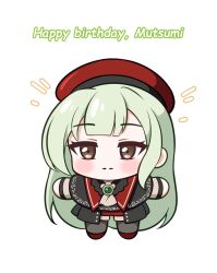  1girl bang_dream! bang_dream!_it's_mygo!!!!! beret black_capelet black_pantyhose blush brown_eyes capelet chibi closed_mouth commentary english_commentary green_hair happy_birthday hat highres jiwon_(sj1) long_hair mortis_(bang_dream!) mortis_(costume)_(bang_dream!) pantyhose pantyhose_under_shorts red_hat red_shorts shorts simple_background solo wakaba_mutsumi white_background 