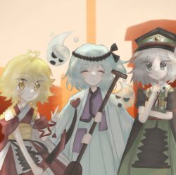  3others ^_^ adoptive_siblings androgynous antenna_hair apron arm_ribbon armor bare_arms belt black_belt black_cape black_headband black_ribbon blonde_hair blue_hair blue_hakama bow_(weapon) braid breastplate brooch building cape chinese_commentary city closed_eyes closed_mouth collared_shirt commentary_request compass_(xinjinjumin6687443) cowboy_shot detached_sleeves dot_nose dress expressionless eyes_visible_through_hair fujiwara_no_iyozane fujiwara_no_shirogane_no_sanra ghost_(len'en) green_dress grey_hair hachimaki hair_between_eyes hair_ribbon hakama hakama_skirt hand_on_own_arm haori happy hat headband heart heart_antenna_hair heart_in_eye highres hitodama holding holding_bow_(weapon) holding_oar holding_weapon jacket jacket_on_shoulders japanese_clothes jewelry kimono len'en light_blush light_frown long_hair looking_at_viewer low_twin_braids medal medium_hair military_hat military_uniform multiple_others neck_ribbon oar one_side_up ooama_no_ake_no_mitori outdoors pagoda pagoda_print pointing pointing_up print_apron print_dress purple_kimono red_dress red_eyes red_hakama red_kimono red_ribbon red_sleeves ribbon shirt shirt_under_dress short_kimono short_sleeves siblings skirt sky skyscraper sleeveless sleeveless_kimono smile standing symbol_in_eye triangular_headpiece twin_braids two-sided_cape two-sided_fabric v-neck very_long_hair waist_apron weapon white_apron white_cape white_jacket white_shirt wing_print yellow_eyes yellow_sky yin_yang yin_yang_print 