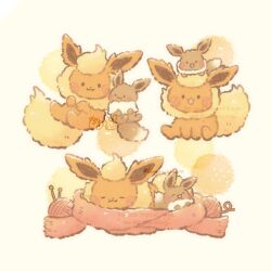  animal_focus blush brown_eyes closed_eyes closed_mouth commentary_request eevee flareon highres no_humans open_mouth orange_background pokemon pokemon_(creature) scarf sleeping smile temariame14 twitter_username yarn yarn_ball 