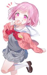  1girl blunt_bans blush buttons cardigan closed_mouth commentary doughnut food food_in_mouth food_on_face foot_out_of_frame fuinagi_(huyuu_mm) grey_serafuku grey_shirt grey_skirt highres long_sleeves neckerchief notice_lines ootori_emu open_cardigan open_clothes pink_cardigan pink_eyes pink_hair pleated_skirt project_sekai red_neckerchief sailor_collar school_uniform serafuku shirt short_hair simple_background skirt solo standing standing_on_one_leg white_background white_sailor_collar 