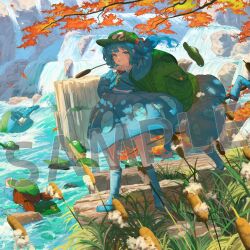  6+girls autumn_leaves backpack bag blue_boots blue_eyes blue_hair blue_skirt boots cattail commentary_request friend_characters green_bag green_hat grin hair_bobbles hair_ornament hand_on_own_hip hat jewelry kajatony kappa_mob_(touhou) kawashiro_nitori key key_necklace knee_boots leaf long_sleeves looking_at_viewer medium_hair multiple_girls necklace outdoors plant red_hair rubber_boots sample_watermark skirt smile solo_focus touhou two_side_up water waterfall watermark 