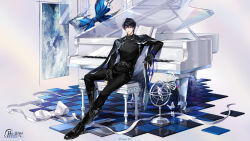  1boy armillary_sphere ayer_(black)_(yueying_bieshu) belt between_legs black_boots black_cape black_gloves black_hair black_pants black_sweater blue_bow blue_gem blue_ribbon boots bow bracelet bug butterfly butterfly_brooch butterfly_ring cape checkered_floor chinese_commentary copyright_logo disintegration earrings elbow_rest full_body gem glass gloves grand_piano grey_background hair_between_eyes hand_between_legs hand_chains highres huge_bow instrument jewelry leaning_back leaning_on_object logo long_sleeves looking_at_viewer male_focus necklace official_art painting_(object) pants pants_tucked_in partially_fingerless_gloves piano piano_bench red_eyes reflective_floor refraction ribbed_sweater ribbon sheet_music short_hair silver_belt silver_bracelet silver_necklace silver_ring simple_background sitting solo stud_earrings sweater transparent turtleneck turtleneck_sweater white_bow white_butterfly wrist_ribbon yueying_bieshu zipper_footwear zipper_pull_tab 