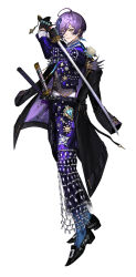  1boy absurdres ahoge alternate_costume armlet bell-bottoms belt black_belt black_coat black_gloves black_pants black_shoes blue_flower blue_gem blue_ribbon blue_socks boutonniere brooch buttons closed_mouth coat coat_on_shoulders cropped_jacket dress_shoes earclip earrings feather_earrings feather_hair_ornament feathers fighting_stance flower full_body gem gloves green_eyes grey_vest hair_between_eyes hair_ornament hands_up heart-shaped_gem highres holding holding_sword holding_weapon jacket jewelry katana lace-trimmed_shirt_collar lace-trimmed_sleeves lace_trim long_sleeves looking_at_viewer male_focus multiple_rings multiple_swords neck_ribbon nijisanji padded_footwear pants purple_coat purple_gem purple_hair purple_jacket purple_pants red_gem red_pupils ribbon ring rose sakaki_ness sheath sheathed shirt shoes short_hair simple_background smile socks solo standing sword too_many two-sided_coat two-sided_fabric two-tone_pants unagipai vest virtual_youtuber weapon white_background white_flower white_rose white_shirt 