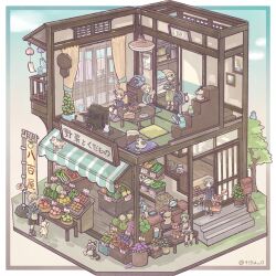  3boys 3girls :d ahoge animal apple bear bird blonde_hair blunt_bangs border bowl carrot cash_register cat chigu chili_pepper closed_eyes closed_mouth clothed_animal commentary_request curtains dog dress electric_fan floorplan food fruit green_hair grey_hair head_wings highres melon multiple_boys multiple_girls open_mouth original outside_border peach pear pillow plant potted_plant rabbit red_dress shopping_cart short_hair short_sleeves sitting smile spring_onion stairs standing television twitter_username watermelon white_border window wings 
