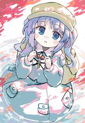  1girl backpack bag blue_eyes blue_hair blue_shirt blue_skirt commentary_request flat_cap full_body green_hat hair_bobbles hair_ornament hat highres kawashiro_nitori key kibisake long_sleeves looking_at_viewer open_mouth pocket shirt skirt solo touhou two_side_up 