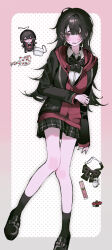 1girl absurdres black_bow black_bowtie black_hair black_jacket black_skirt blush border bow bowtie chibi chibi_inset collared_shirt commentary_request full_body genderswap genderswap_(mtf) highres hood hood_down hoodie jacket kuzuha_(12th_costume)_(nijisanji) kuzuha_(nijisanji) long_hair looking_at_viewer miniskirt nijisanji official_alternate_costume plaid_clothes plaid_skirt pleated_skirt polka_dot polka_dot_background powako_(mtu_dn) red_eyes red_hoodie sanya_(nijisanji) shirt skirt solo virtual_youtuber
