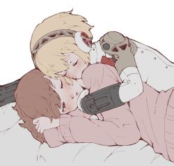  2girls absurdres aigis_(persona) android blonde_hair brown_hair closed_eyes cuddling headphones highres hug hug_from_behind multiple_girls one_eye_closed parted_lips persona persona_3 persona_3_portable pink_sweater red_eyes shiomi_kotone short_hair simple_background sweater tbjj1208 white_background yuri 