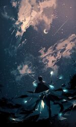  1boy black_capelet black_coat black_hair capelet coat crescent_moon fate/grand_order fate_(series) from_behind full_body highres majamari moon night sherlock_holmes_(fate) sky solo star_(sky) starry_sky 