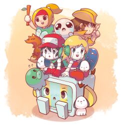  1001_spikes 2girls 4boys :d :o aban_hawkins android animal_on_leg ankle_boots artist_request baby_animal baggy_pants bald balrog_(cave_story) bare_arms bare_shoulders baseball_cap bird black_eyes black_hair black_shirt blonde_hair boots branch brown_boots brown_eyes brown_fur brown_hair brown_tail cave_story character_request closed_mouth company_connection copyright_request crop_top crop_top_overhang crossover crying curly_brace deformed dog dot_nose english_commentary fedora flying_sweatdrops fox frown gloves green_eyes green_lips green_scarf green_shirt green_sleeves hair_tubes half_updo hat headband holding holding_branch insect_wings isaac_(the_binding_of_isaac) jacket jenka's_puppies joints long_hair lower_teeth_only mechanical_arms metal_skin midriff multiple_boys multiple_girls octopus official_art open_mouth orange_background pants penguin pocket ponytail puppy quote_(cave_story) red_gloves red_hat red_headband red_pants red_tank_top robot robot_boy robot_ears robot_joints save_me_mr_tako scarf second-party_source seiza shirt short_hair simple_background single_hair_tube sitting sleeveless sleeveless_shirt smile streaming_tears tako_(save_me_mr_tako) tank_top tears teeth the_binding_of_isaac upper_teeth_only upturned_eyes v-shaped_eyebrows white_dog white_fur white_tail wings yellow_jacket yellow_sleeves 