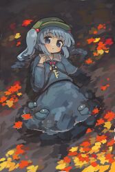  1girl blue_eyes blue_hair blue_shirt blue_skirt blush collared_shirt commentary_request flat_cap green_hat hair_bobbles hair_ornament hat highres kawashiro_nitori key kibisake long_sleeves looking_at_viewer lying lying_on_water medium_hair on_back parted_lips shirt skirt solo touhou two_side_up water 